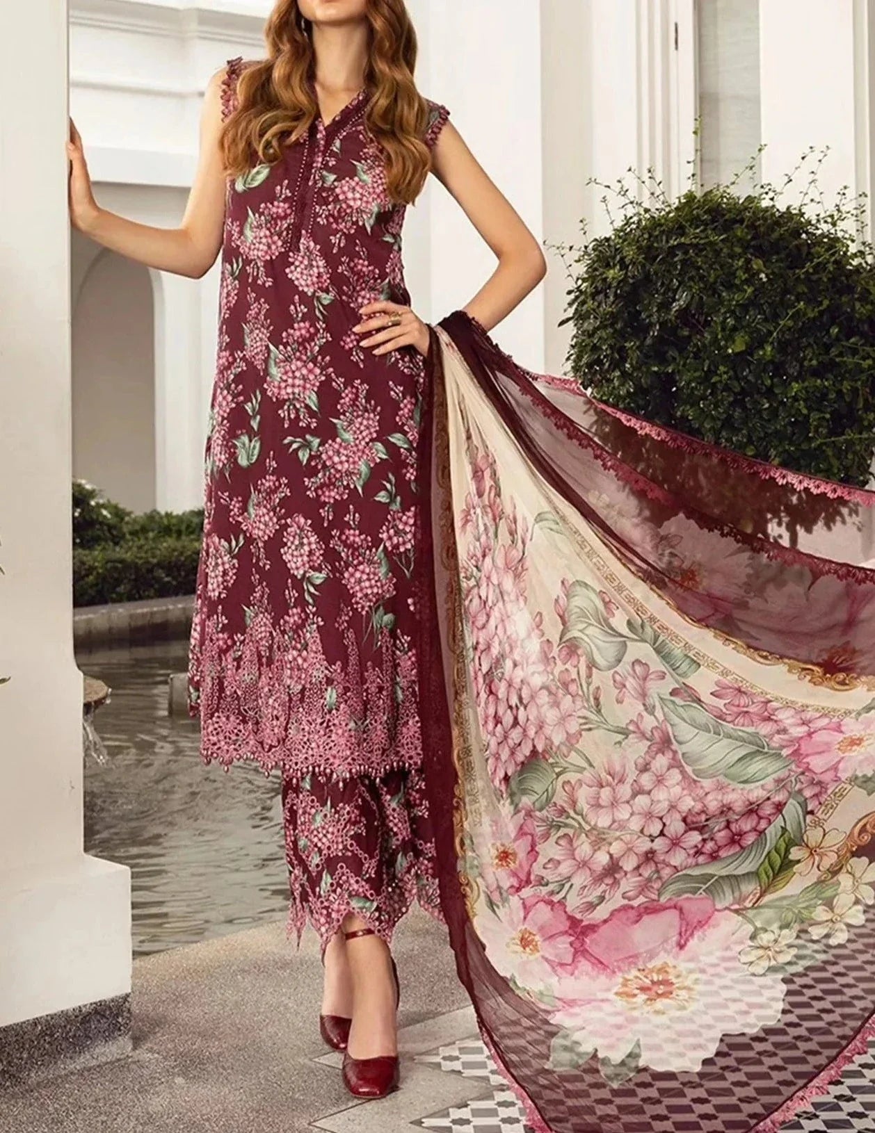 SMT S631-Embroidered 3pc Lawn dress with Printed silk dupatta.