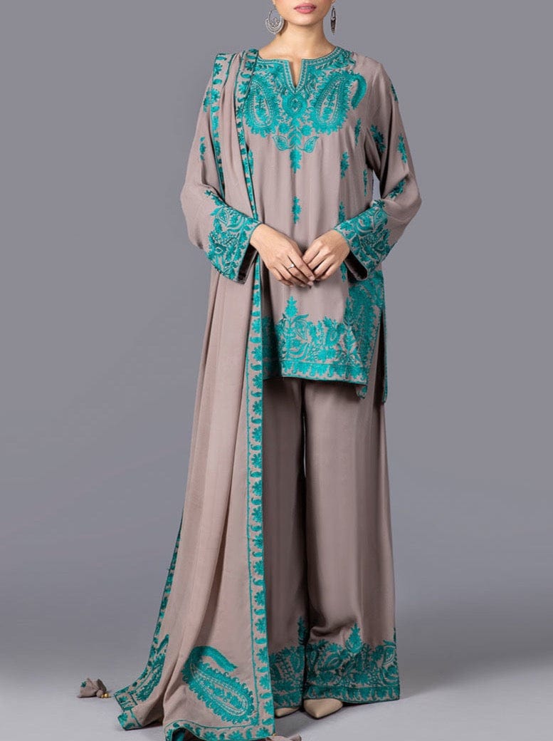 SMT W166 -Embroidered 3pc khaddar dress With Embroidered cotton net dupatta