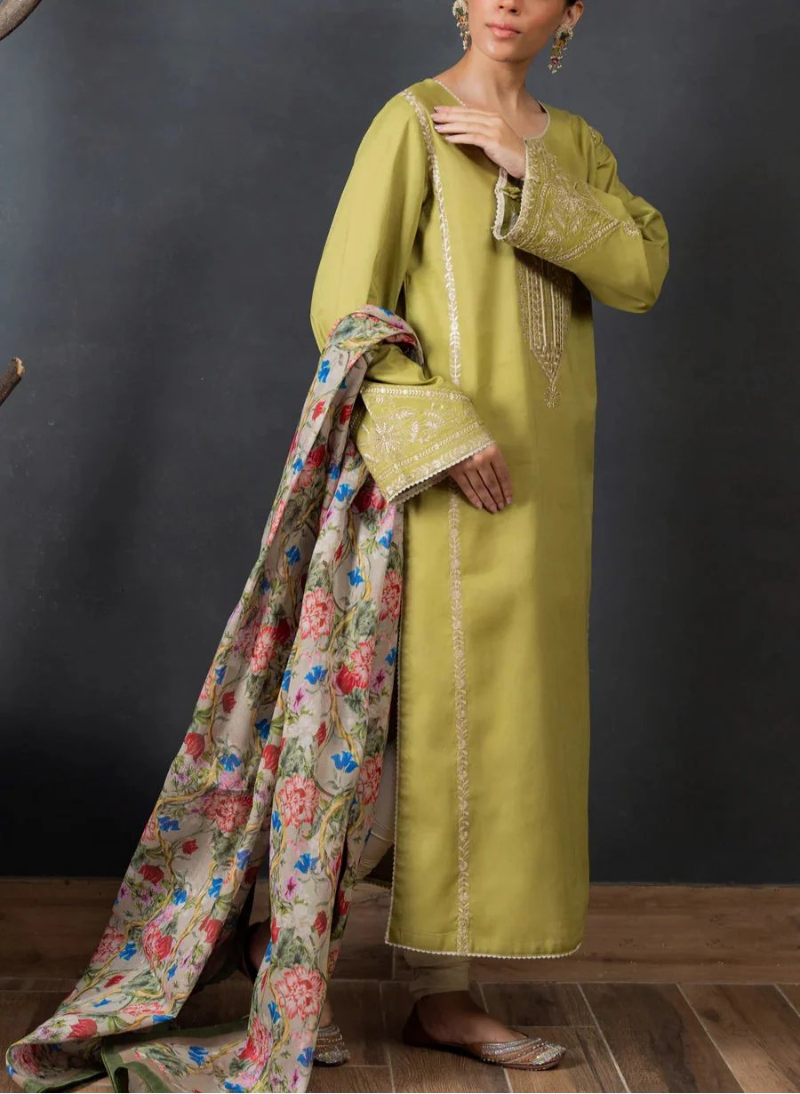SMT W606-Embroidered 3pc Marina Dress With Printed Shawl.