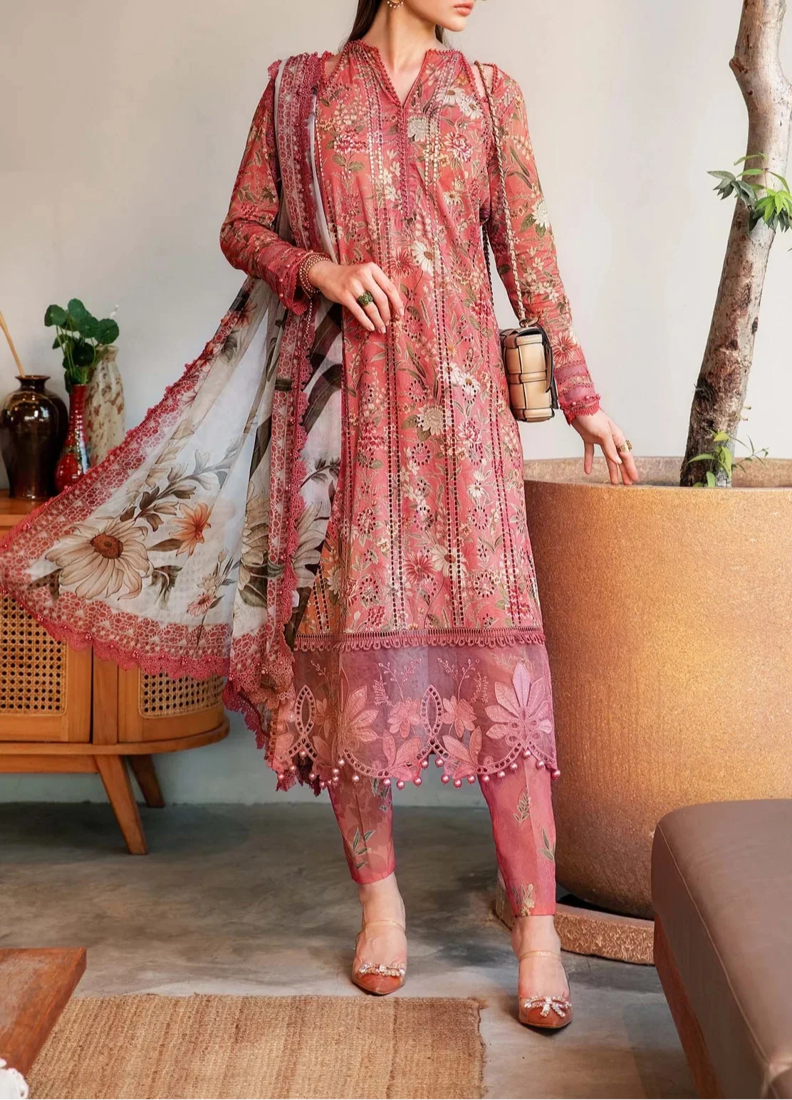 SMT S1105-Embroidered 3pc CHIKANKARI Lawn dress with Printed Chiffon Dupatta.