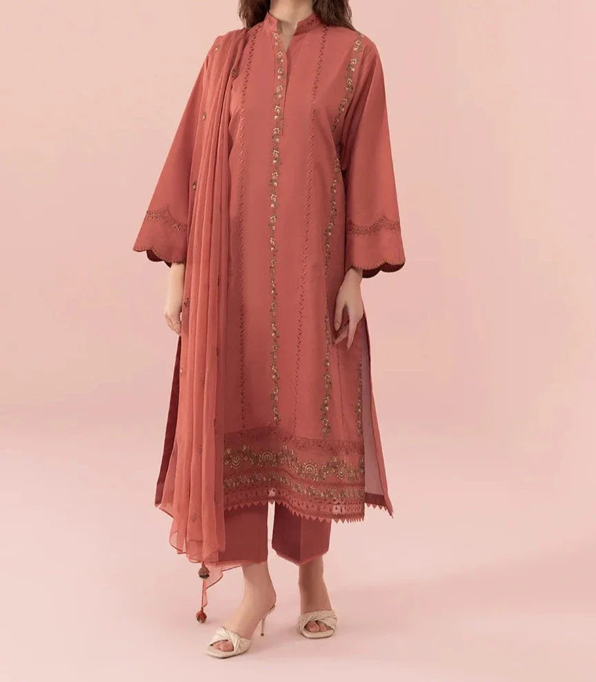 SMT W323- Embroidered 3pc Linen dress with Embroidered Chiffon dupatta.
