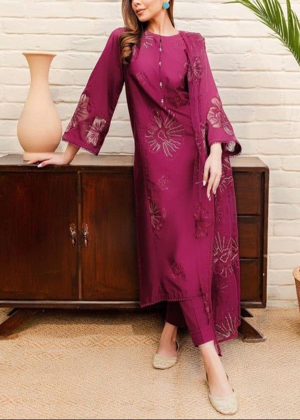 SMT S877-Embroidered 3pc Lawn Dress with Embroidered Munar Dupatta.