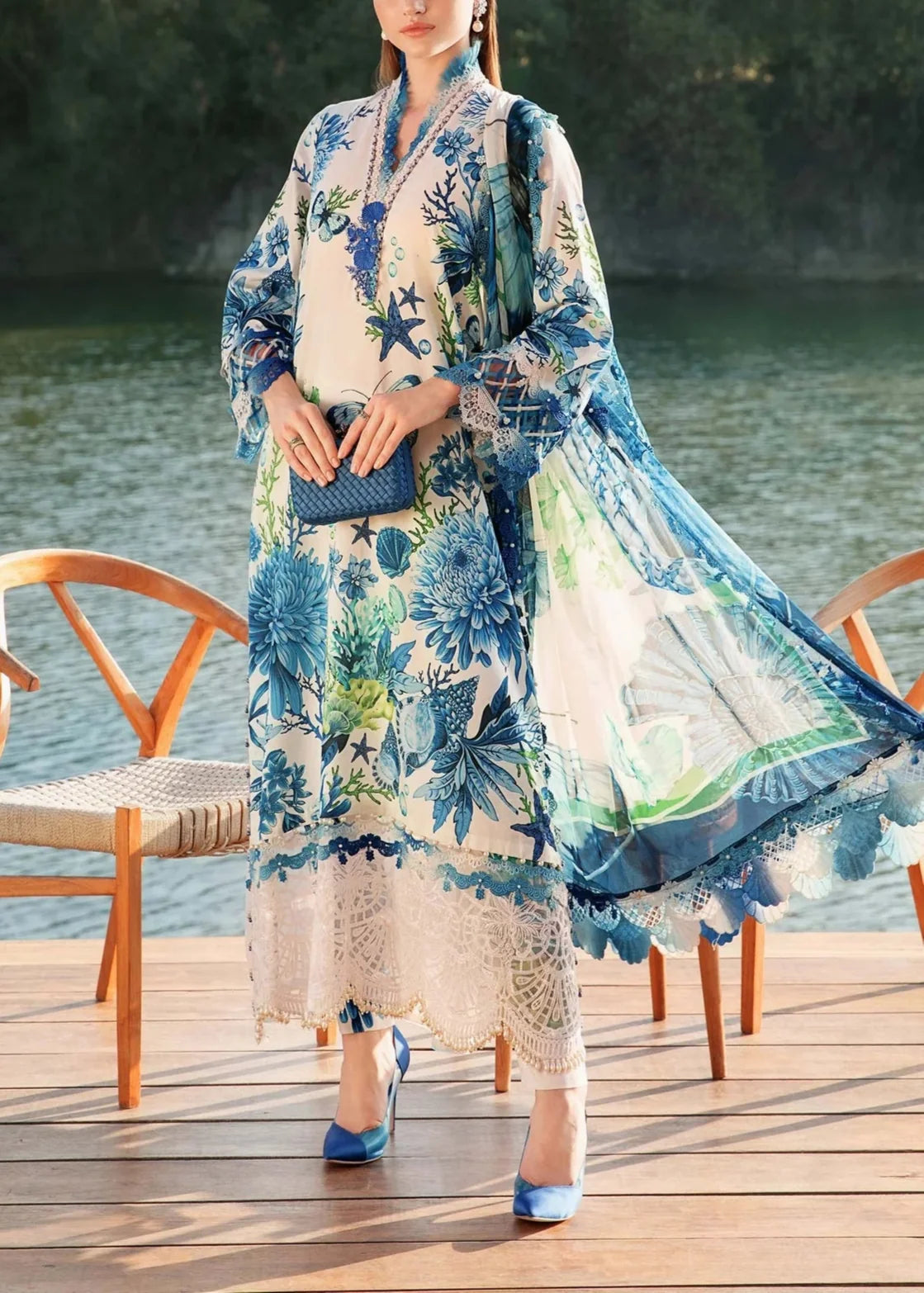 SMT S1100-Printed & Embroidered 3pc Lawn dress with Printed Chiffon Dupatta.