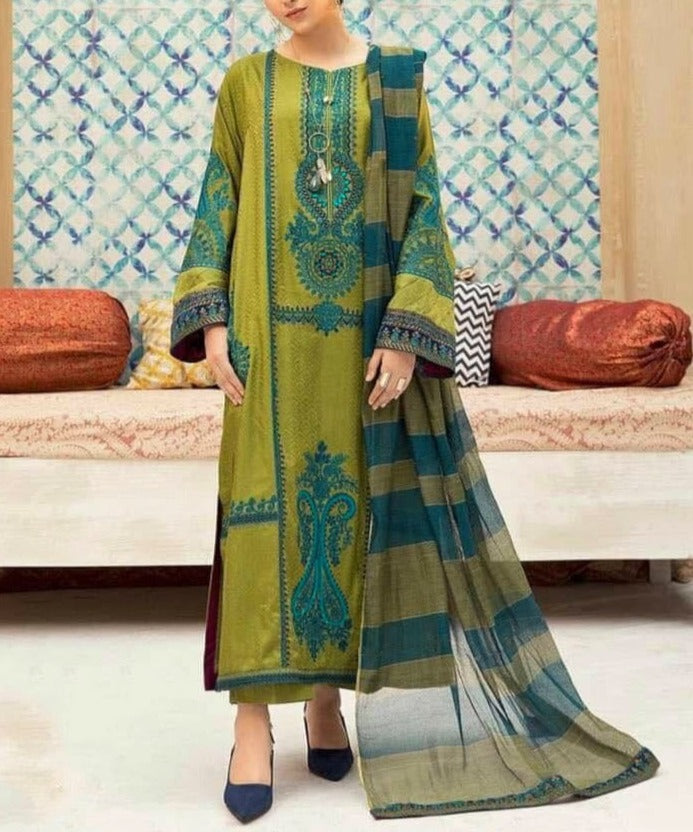 SMT S434- Embroidered 3pc lawn dress with printed chiffon dupatta.
