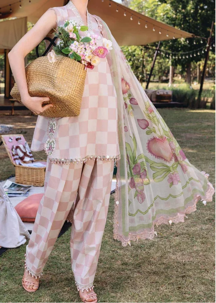SMT S1351 - Printed & Embroidered 3pc Lawn Dress With Embroidered  Sequence Chiffon Dupatta.
