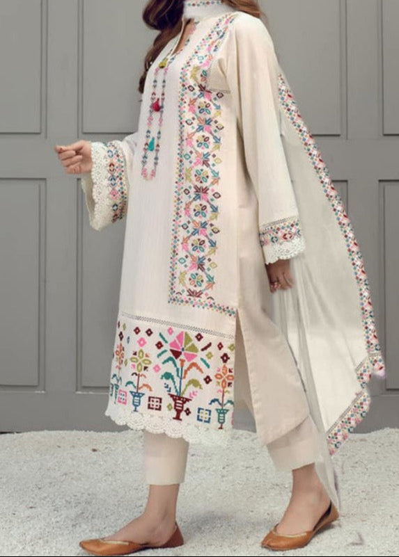 SMT S1247-Embroidered 3pc Lawn Dress With Embroidered Chiffon Dupatta.