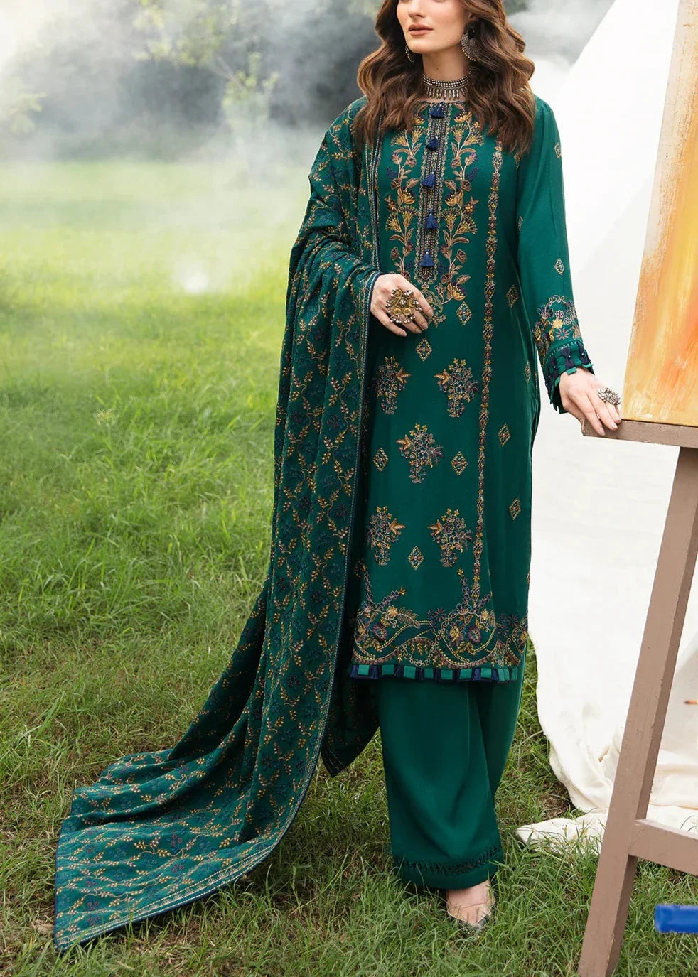 SMT W490-Embroidered 3pc marina dress with Embroidered marina shawl.