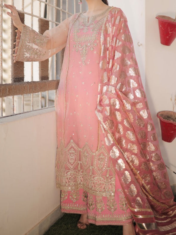 SMT S304 - Embroidered 3pc organza dress with organza jacquard dupatta.