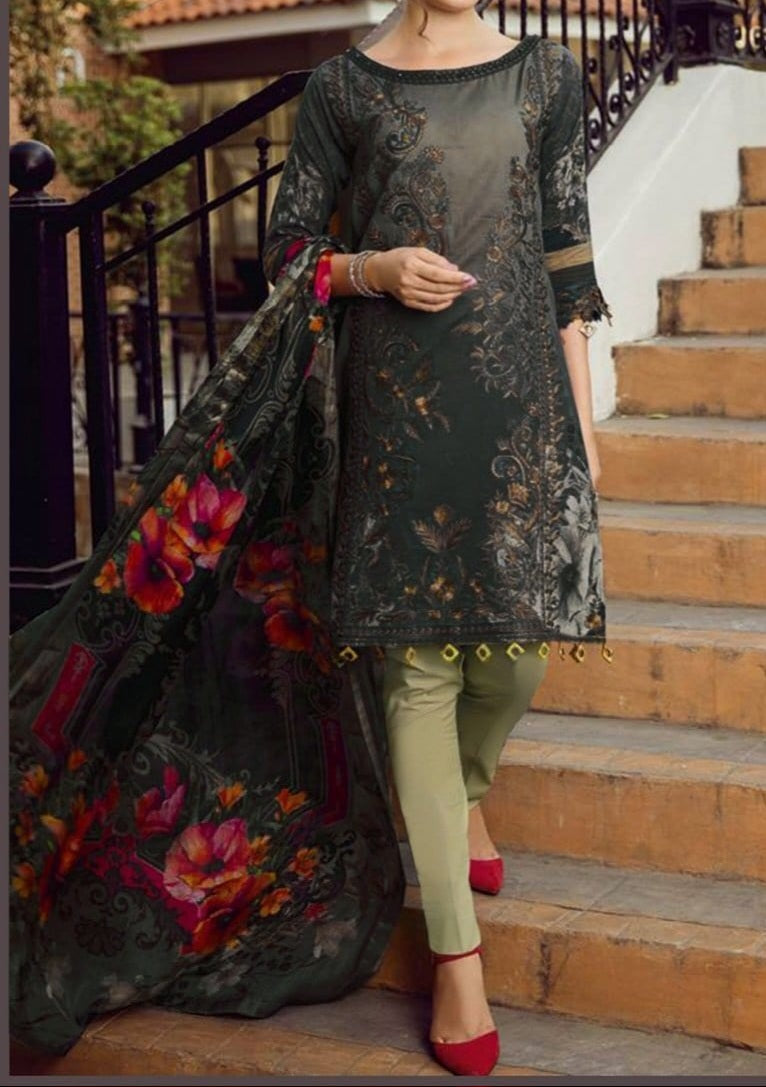 SMT S264- Embroidered 3pc lawn dress with printed chiffon dupatta.