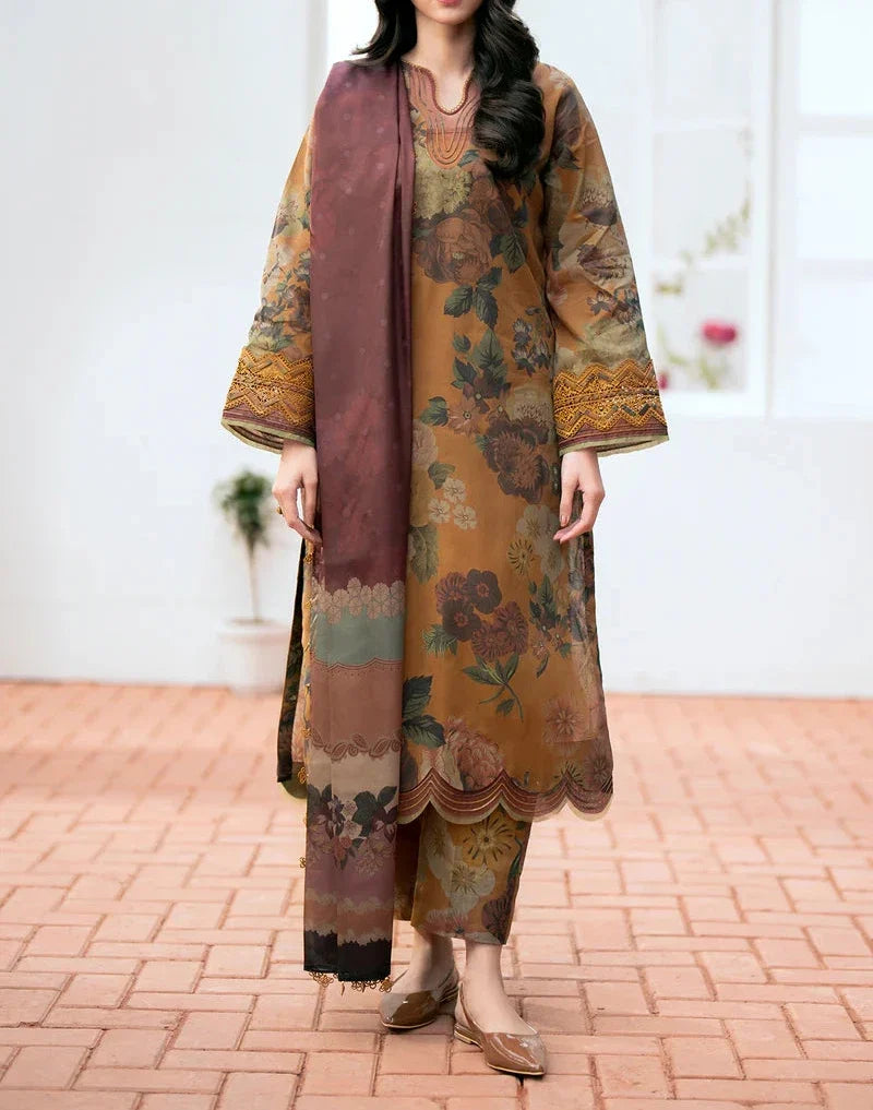 SMT W462-Printed 3pc karandi Dress With Printed karandi Shawl.