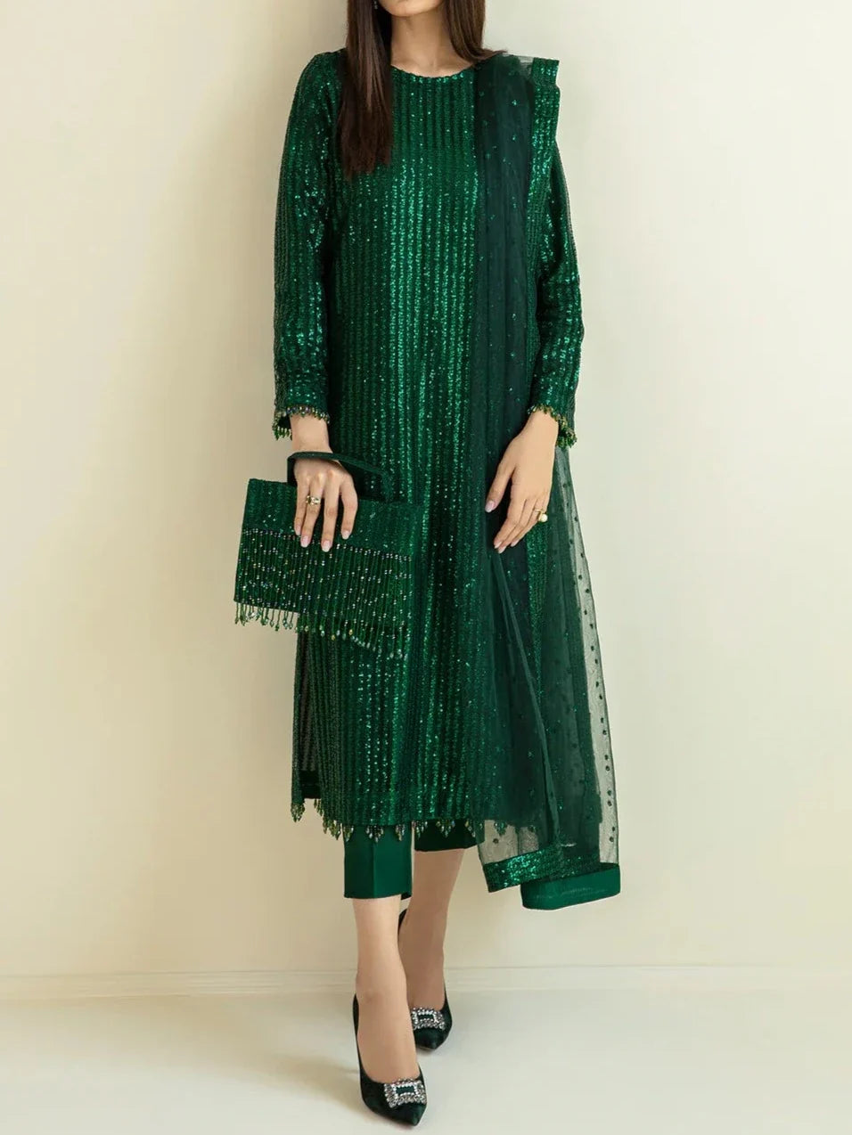 SMT S687-Embroidered Sequence 3pc Organza Dress with Embroidered organza dupatta.