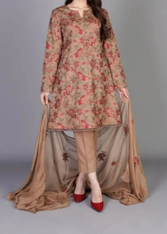 SMT W263- Embroidered 3pc linen dress with Embroidered chiffon dupatta.