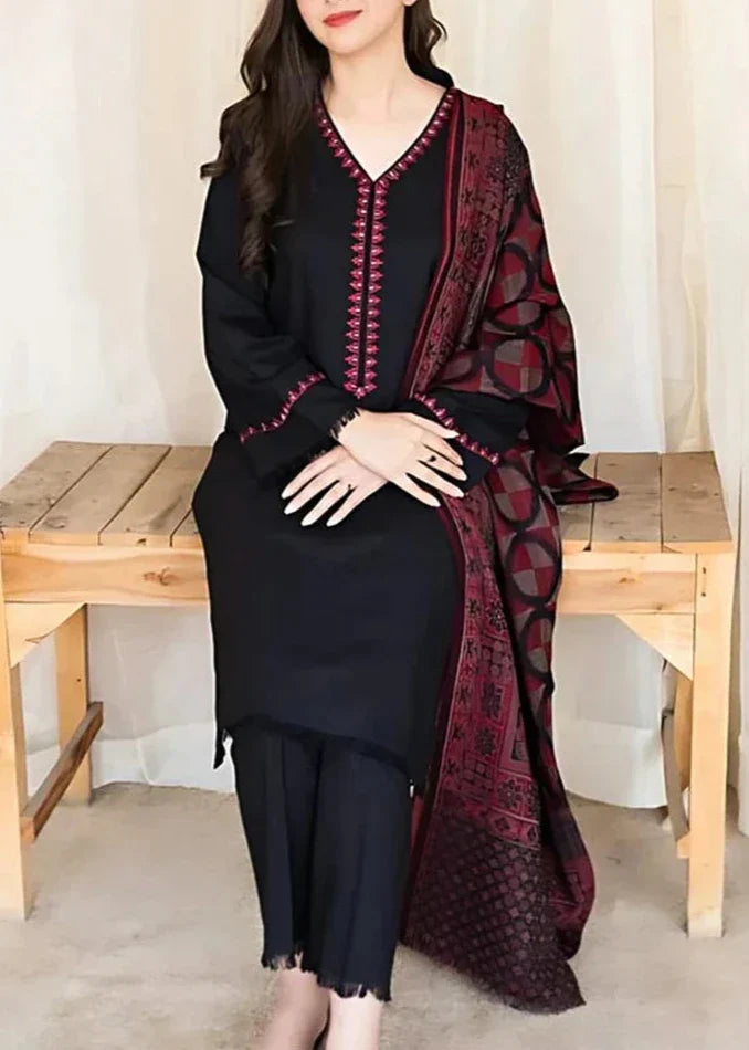 SMT W517-Embroidered 3pc marina dress with Printed shawl.