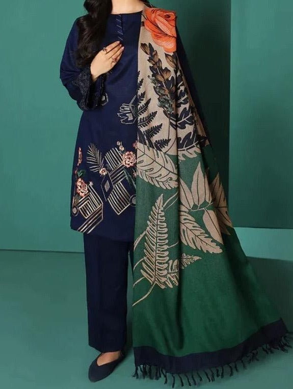 SMT W308- Embroidered 3pc Linen dress with printed shawl.