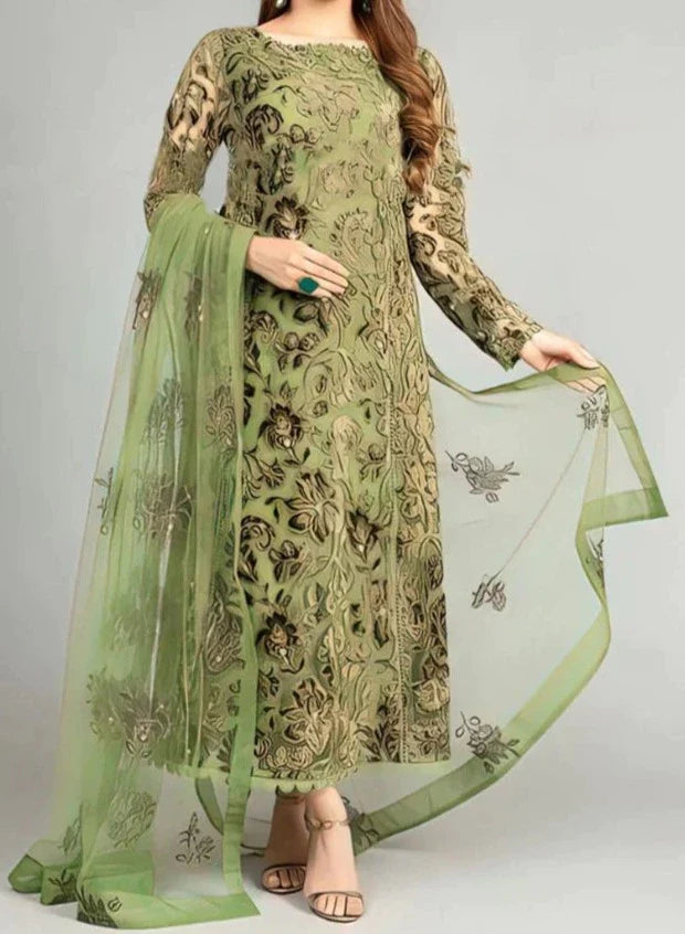SMT W262- Embroidered 3pc linen dress with Embroidered Organza dupatta.