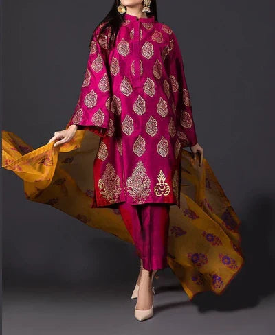 SMT W337-Embroidered 3pc Kataan Silk dress With Embroidered Organza dupatta.