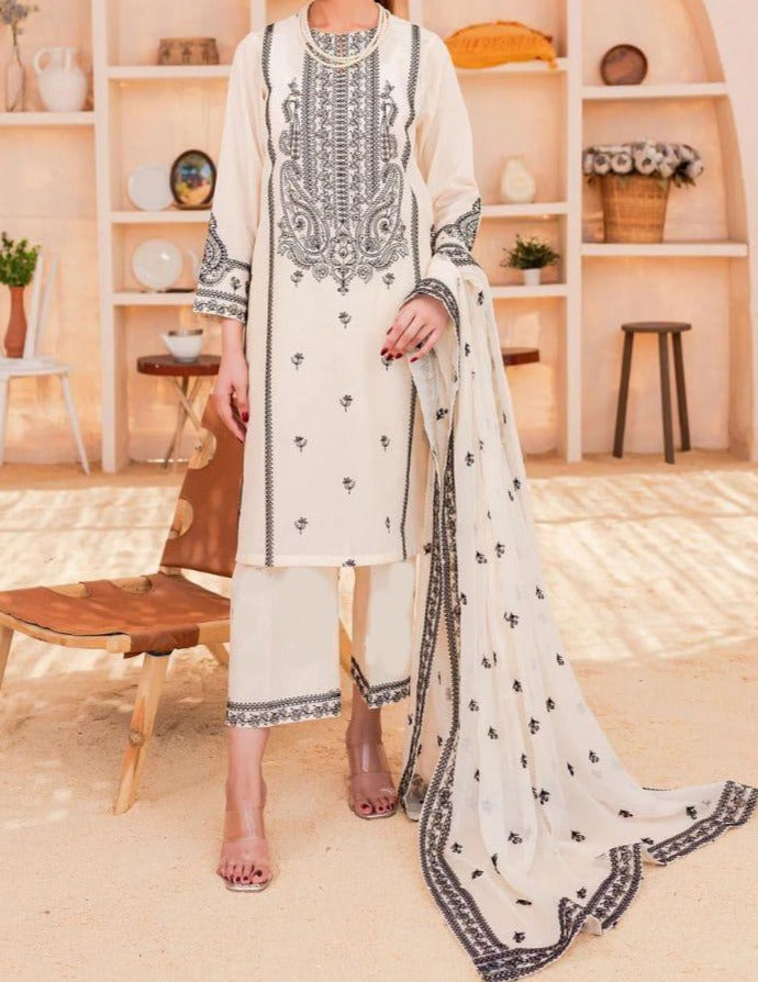 SMT S528-Embroidered 3pc lawn dress with Embroidered Net Dupatta.