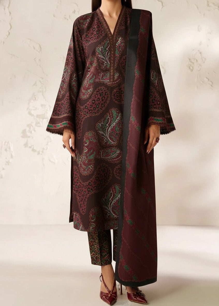 SMT W784 - Digital Printed 3pc Karandi Dress With Digital Printed Karandi Shawl.