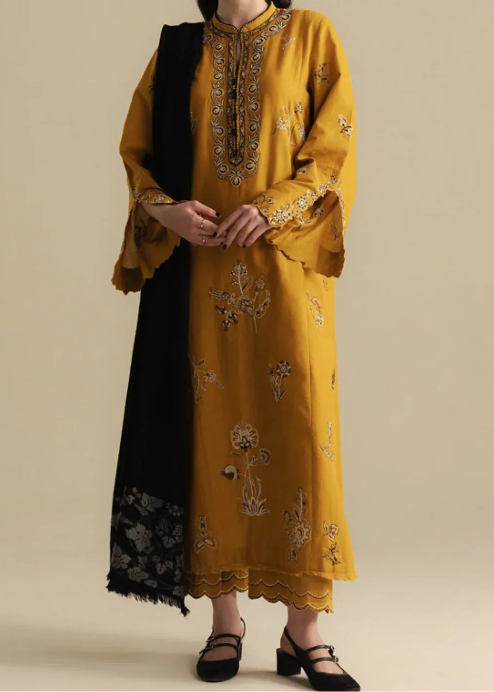 SMT W845-Embroidered 3pc Marina Dress With Printed Shawl.