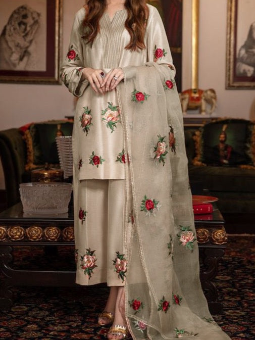 SMT S351-  Embroidered 3pc silk dress with embroidered organza dupatta.