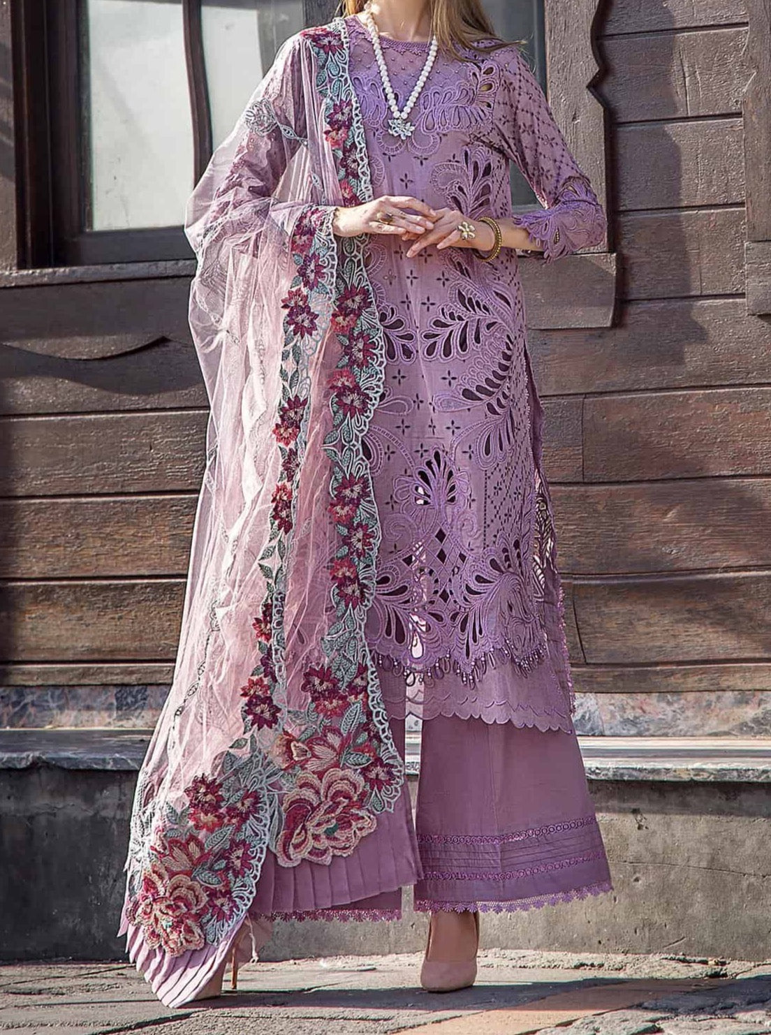 SMT S680-Shifli Embroidered 3pc lawn dress with Embroidered Cotton Net Dupatta.