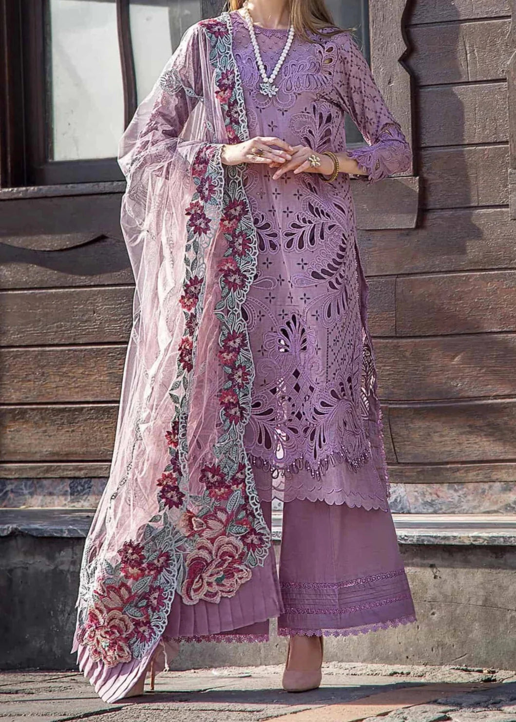 SMT S1045-Embroidered 3pc Chikankari Lawn Dress with Embroidered Khaadi Net Dupatta