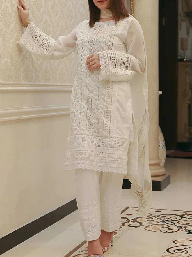 SMT S764-Embroidered 3PC ChikanKari Lawn Dress With Embroidered Chiffon dupatta.