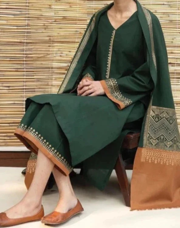 SMT W269- Embroidered 3pc marina dress with Digital Printed wool shawl.
