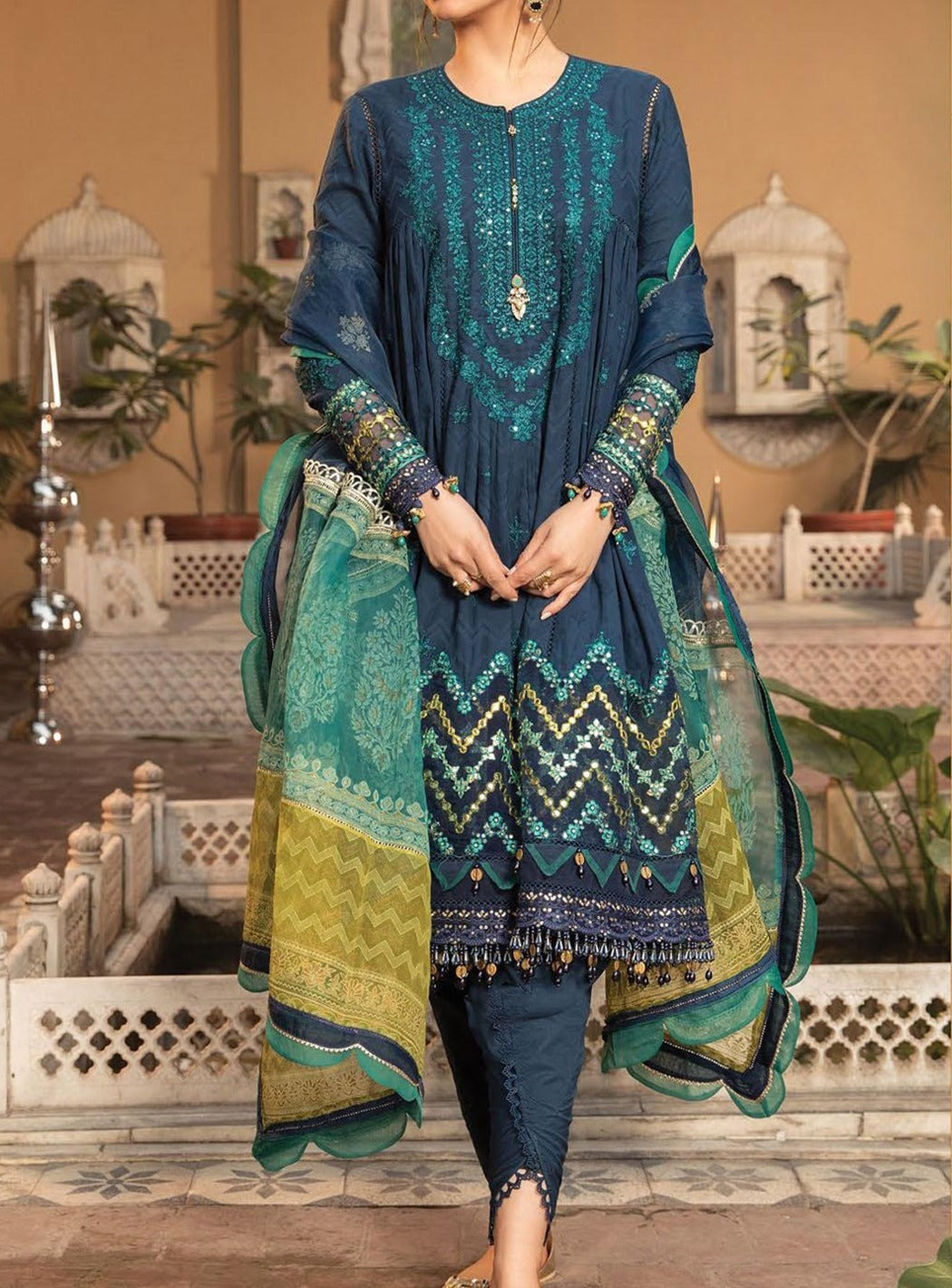 SMT W180- Embroidered 3pc linen dress with printed organza dupatta