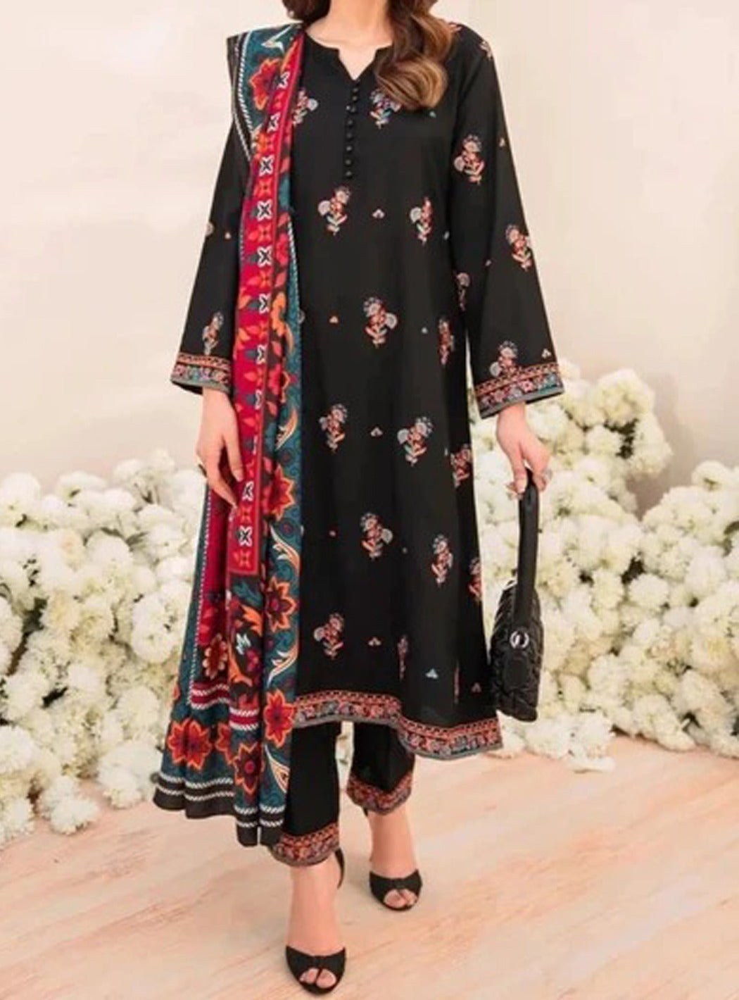 SMT S510-Embroidered 3pc lawn dress with printed silk dupatta.