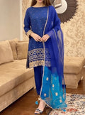 SMT S448-  Embroidered 3pc kataan silk dress with embroidered chiffon dupatta.