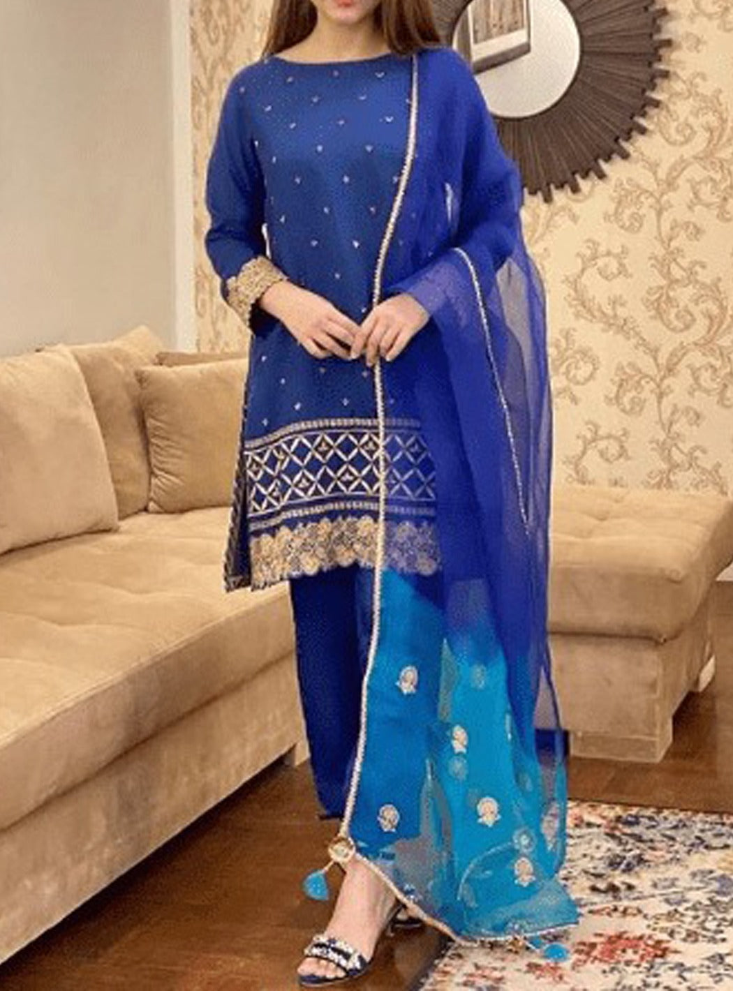 SMT S448-  Embroidered 3pc kataan silk dress with embroidered chiffon dupatta.