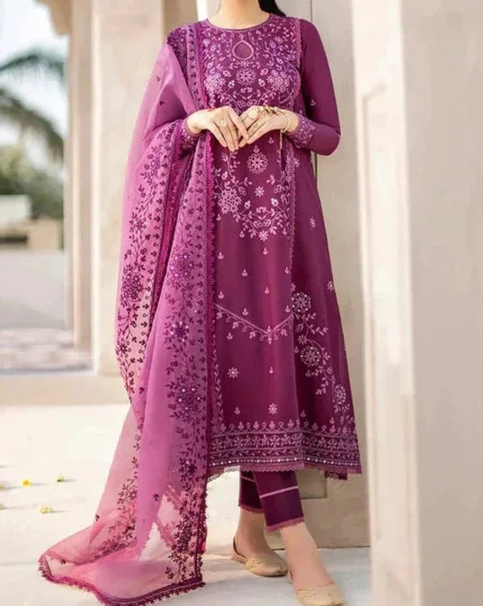SMT S716-Embroidered 3pc lawn dress with Embroidered organza dupatta.