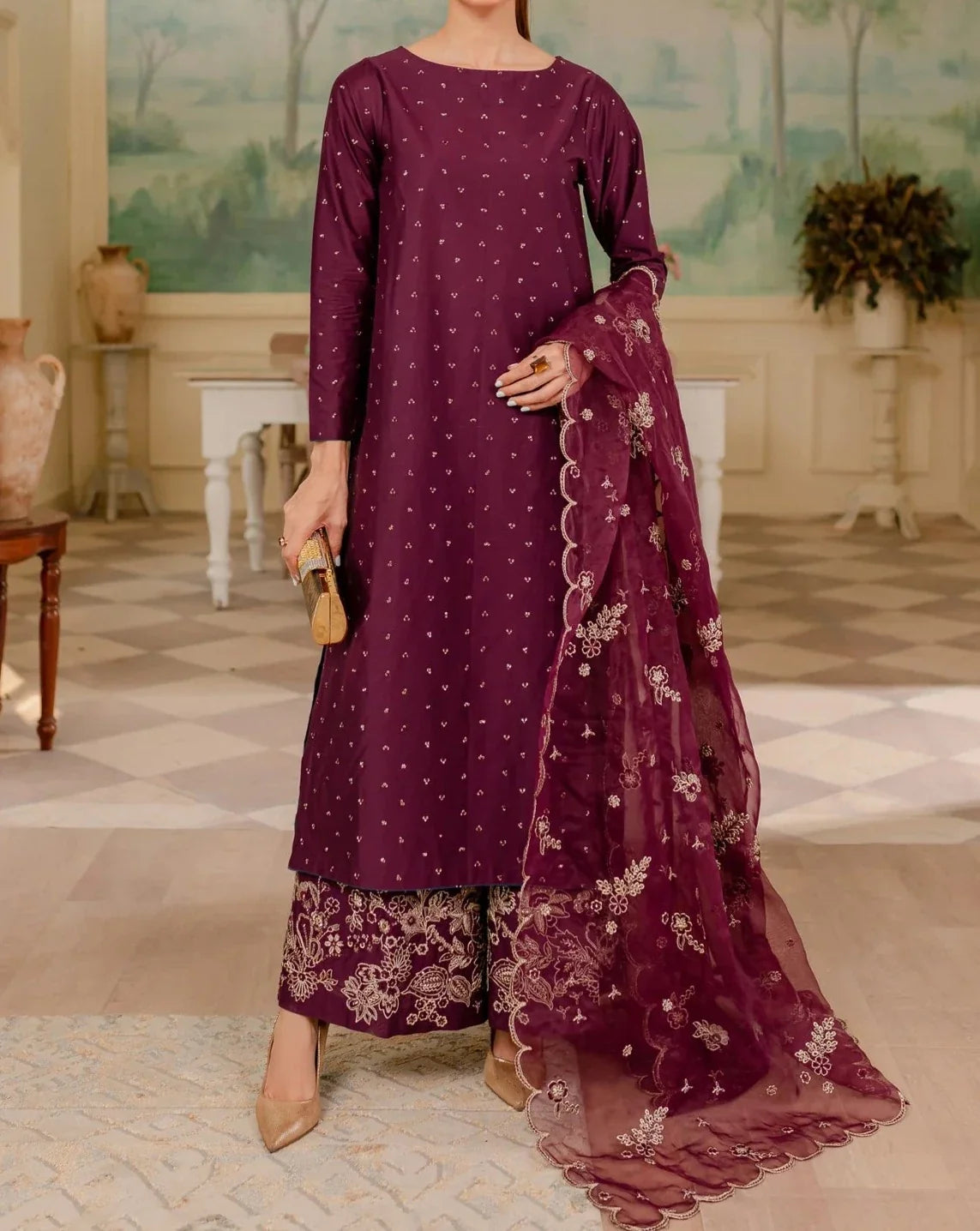 SMT W408- Embroidered 3pc linen dress with Embroidered Organza dupatta.