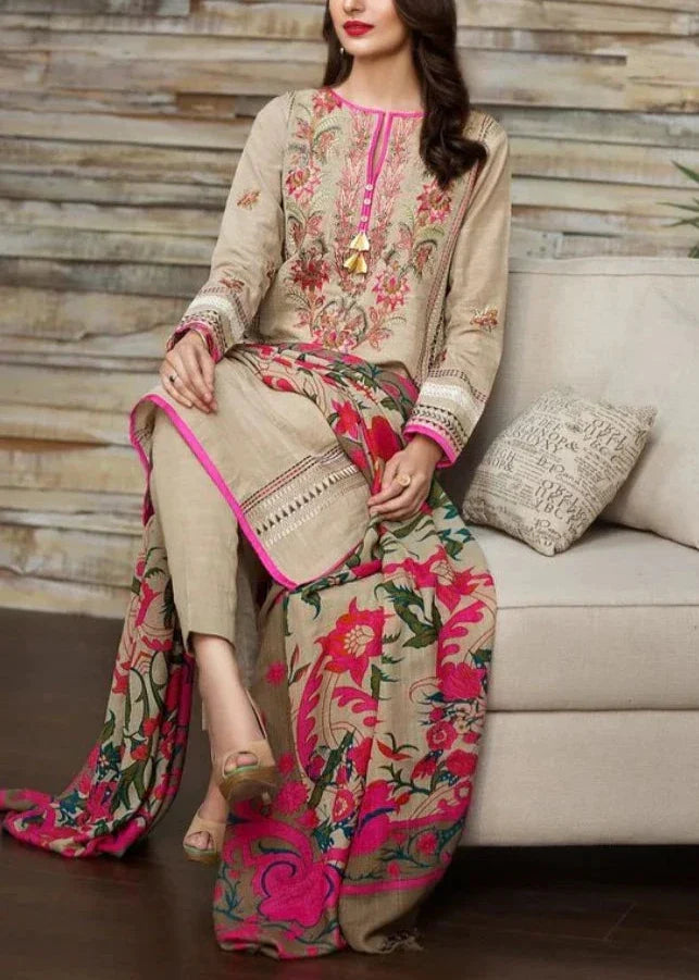 SMT W557-Embroidered 3pc khaddar dress With Printed shawl.