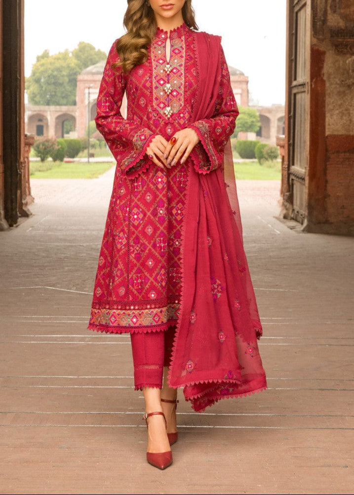 SMT W650-Embroidered 3pc Linen Dress with Embroidered Chiffon Dupatta.