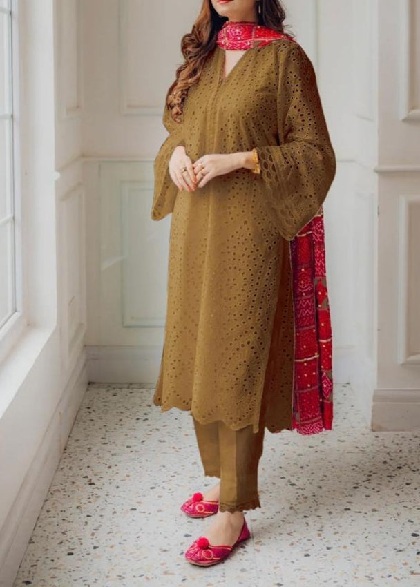 SMT S912-Embroidered 3PC CHIKANKARI Lawn Dress With Printed Munar Dupatta.