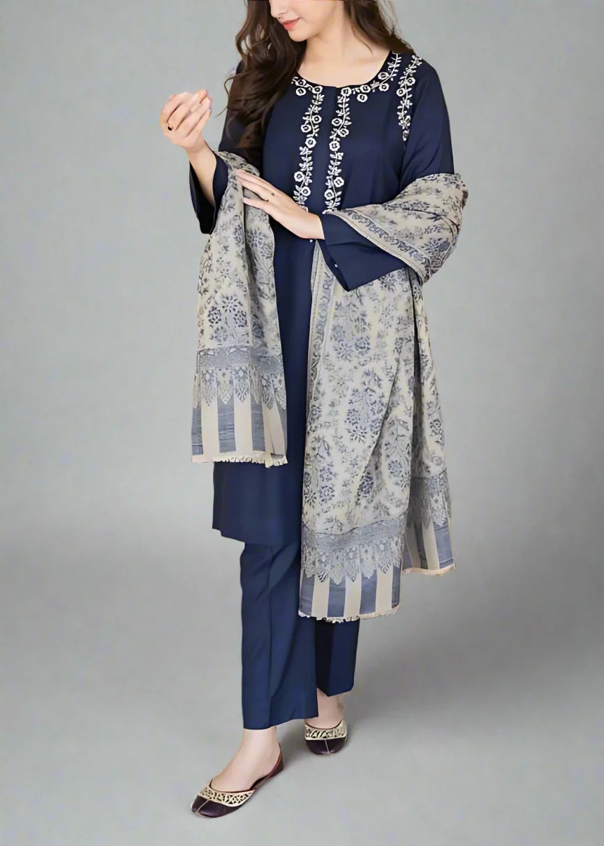 SMT W494-Embroidered 3pc khaddar dress With Printed shawl.