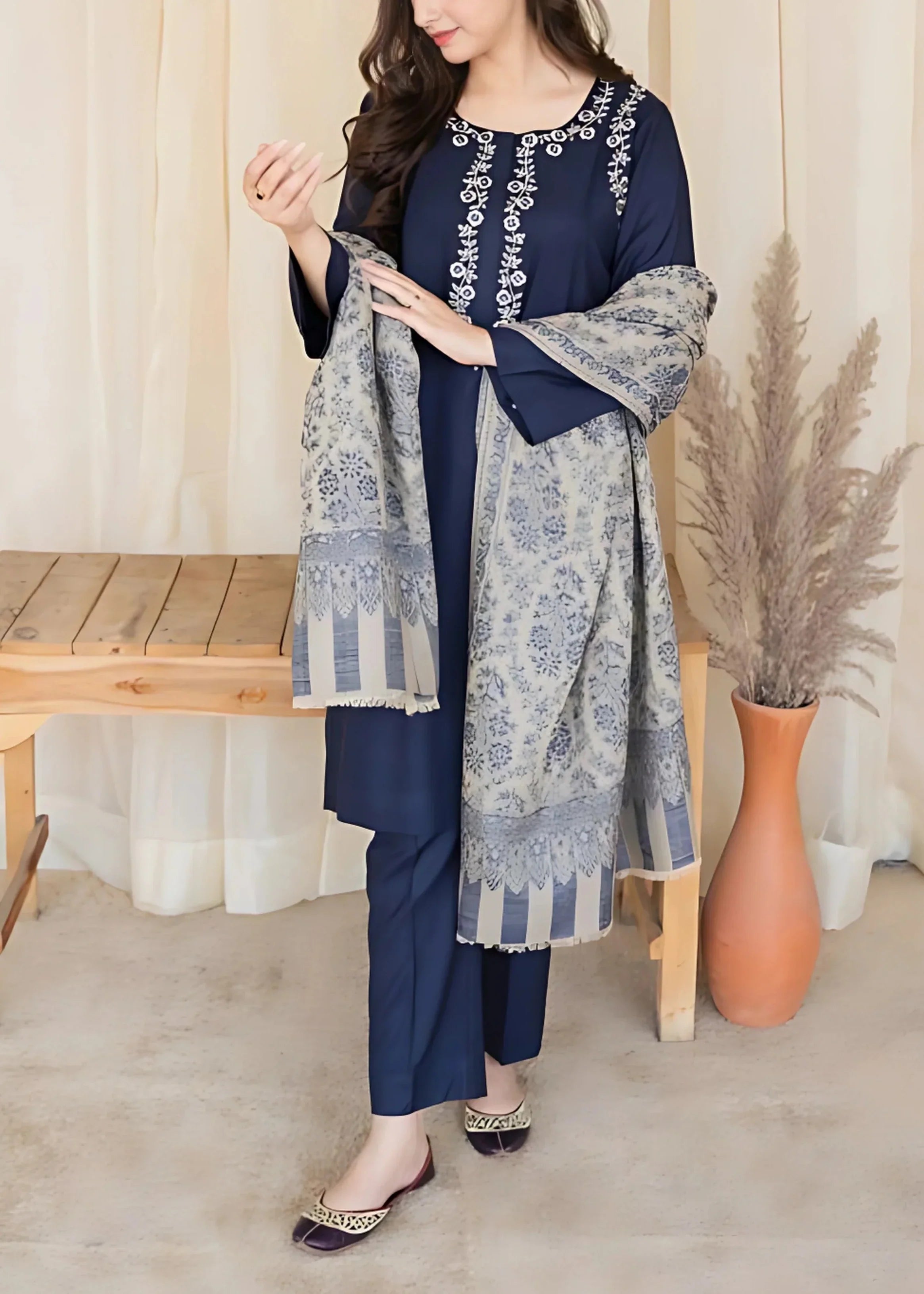 SMT W541-Embroidered 3pc marina dress with Printed shawl.