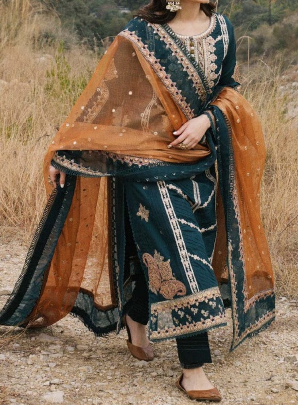 SMT W16- Embroidered 3pc marina dress with embroidered chiffon dupatta.