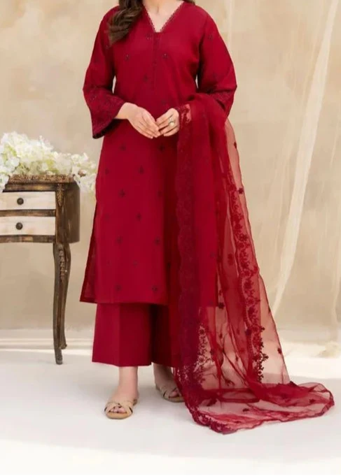 SMT S1225-Embroidered 3pc CHIKANKARI Lawn Dress With Embroidered Organza Dupatta.
