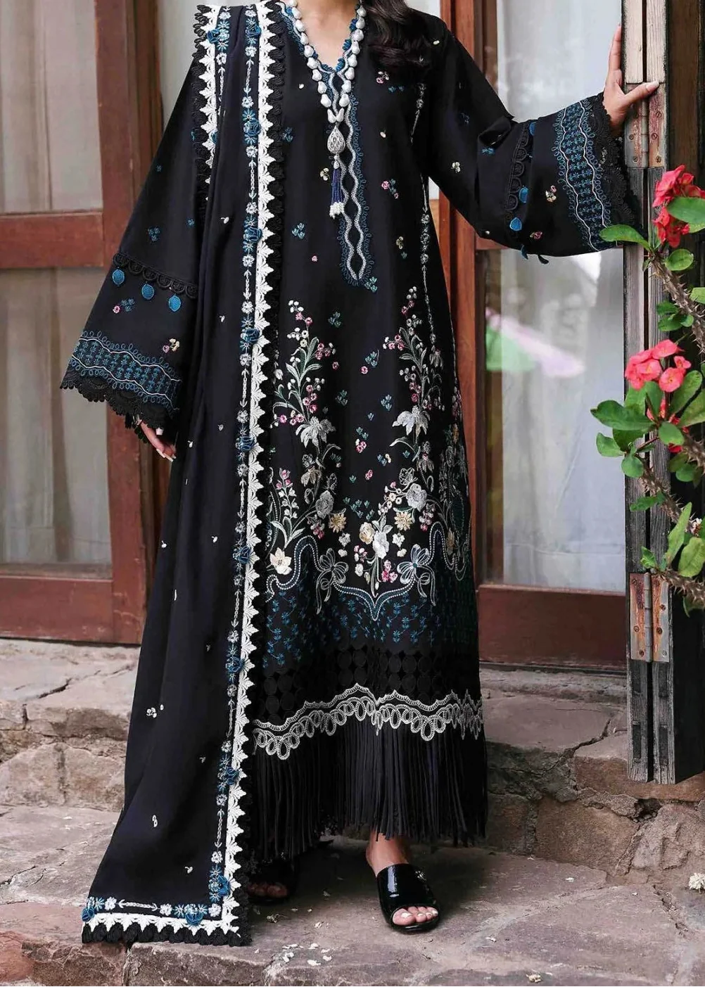 SMT W787-Embroidered 3pc Marina Dress With Embroidered Marina Shawl.