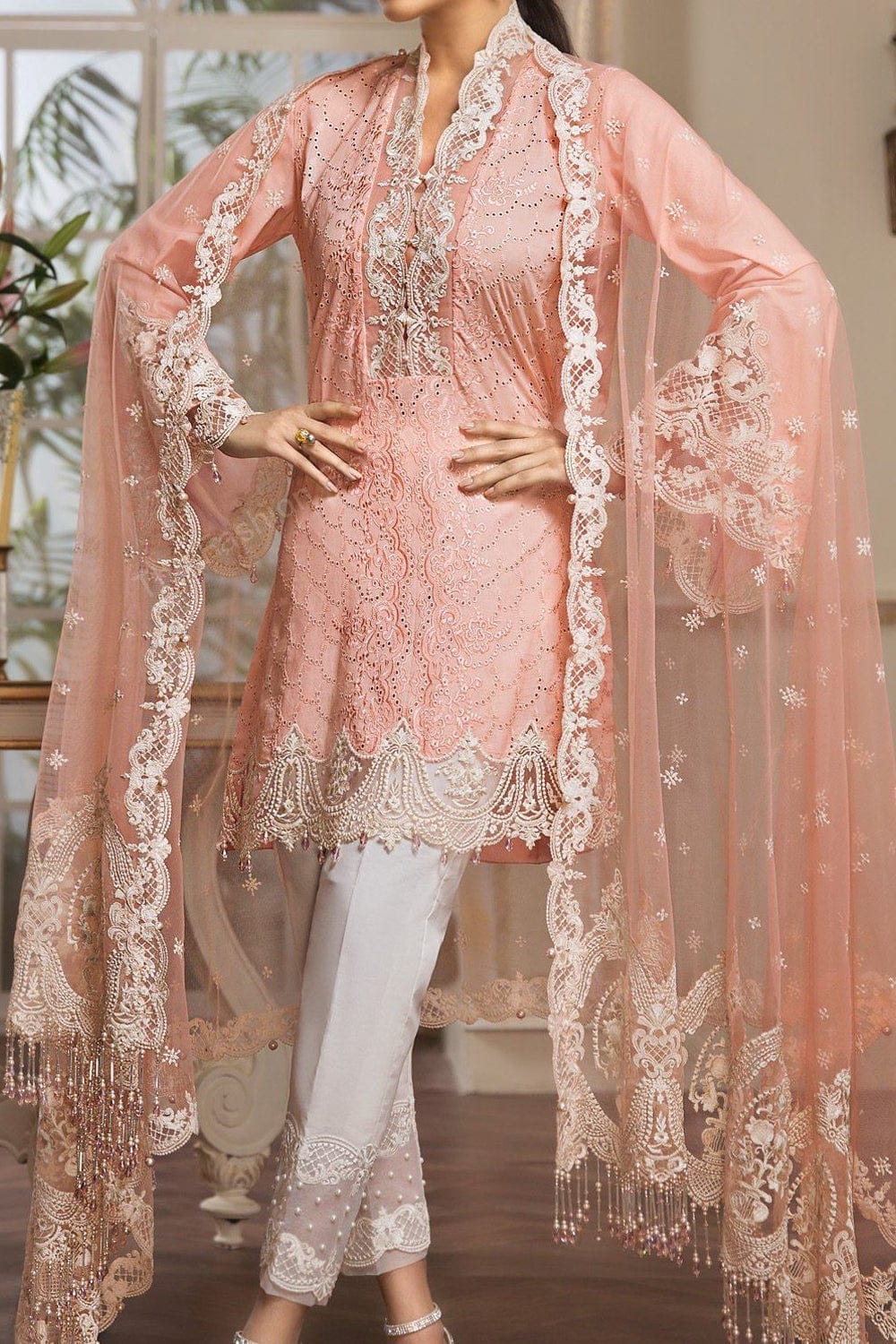 SMT S357-Embroidered 3pc lawn chickan dress with embroidered net dupatta.