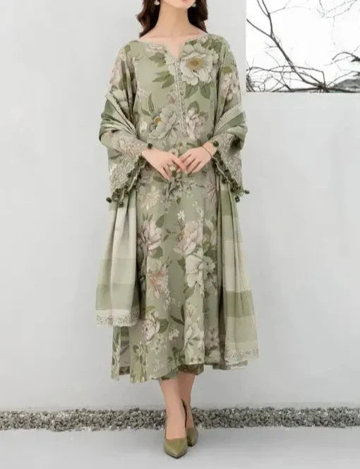SMT W464-Printed 3pc karandi Dress With Printed karandi Shawl.