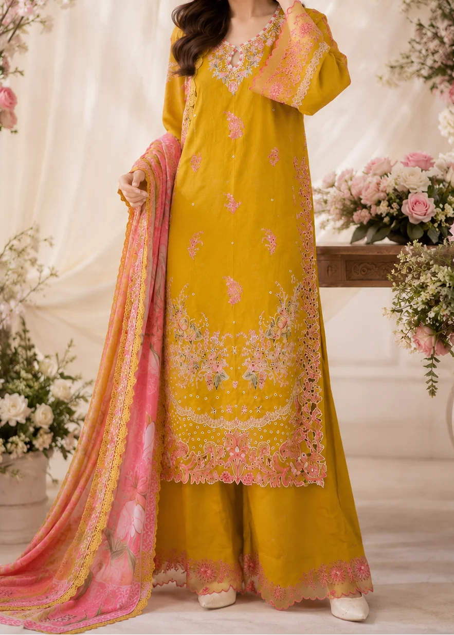 SMT W1079 - Embroidered 3pc Marina Dress With Printed Chiffon Dupatta.