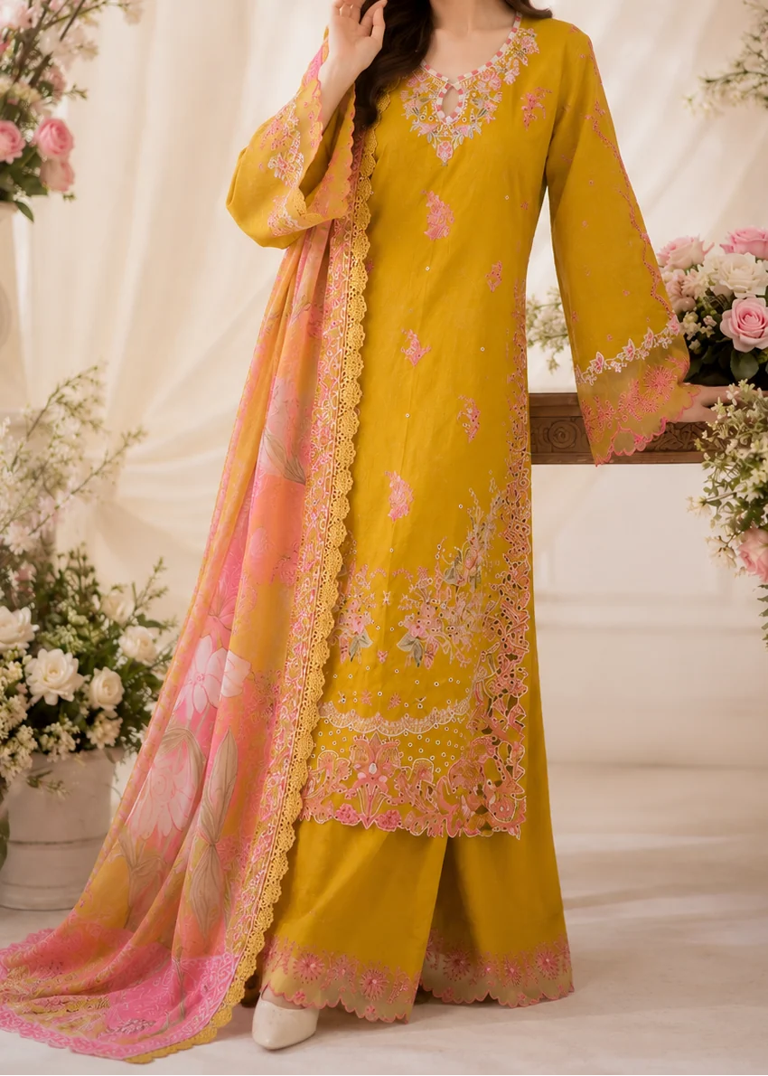 SMT W1079 - Embroidered 3pc Marina Dress With Printed Chiffon Dupatta.