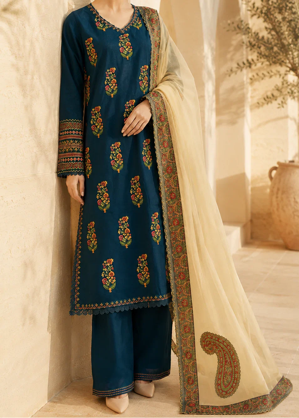 SMT Z-(S1497) - Stitched Embroidered 3pc Lawn Dress With Embroidered Chiffon Dupatta.