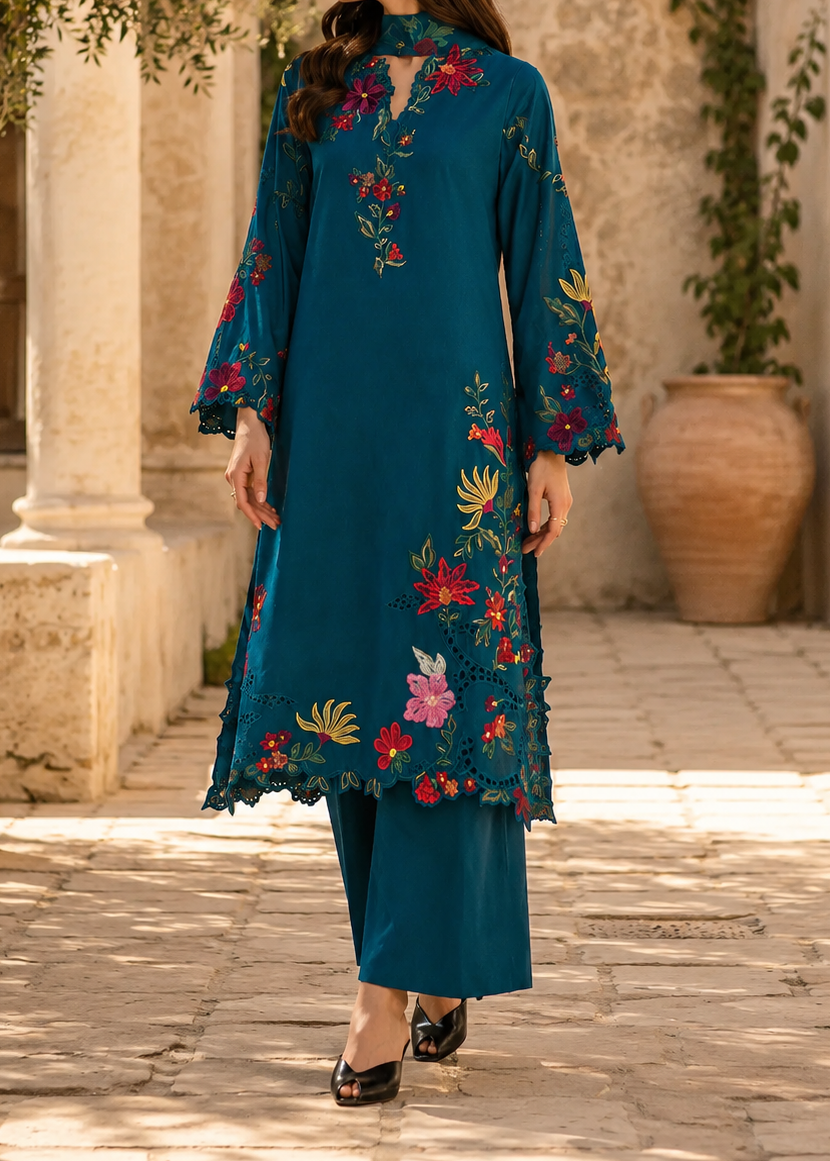 SMT S1499 - Embroidered 3pc CHIKANKARI Lawn Dress With Printed Lawn Dupatta.