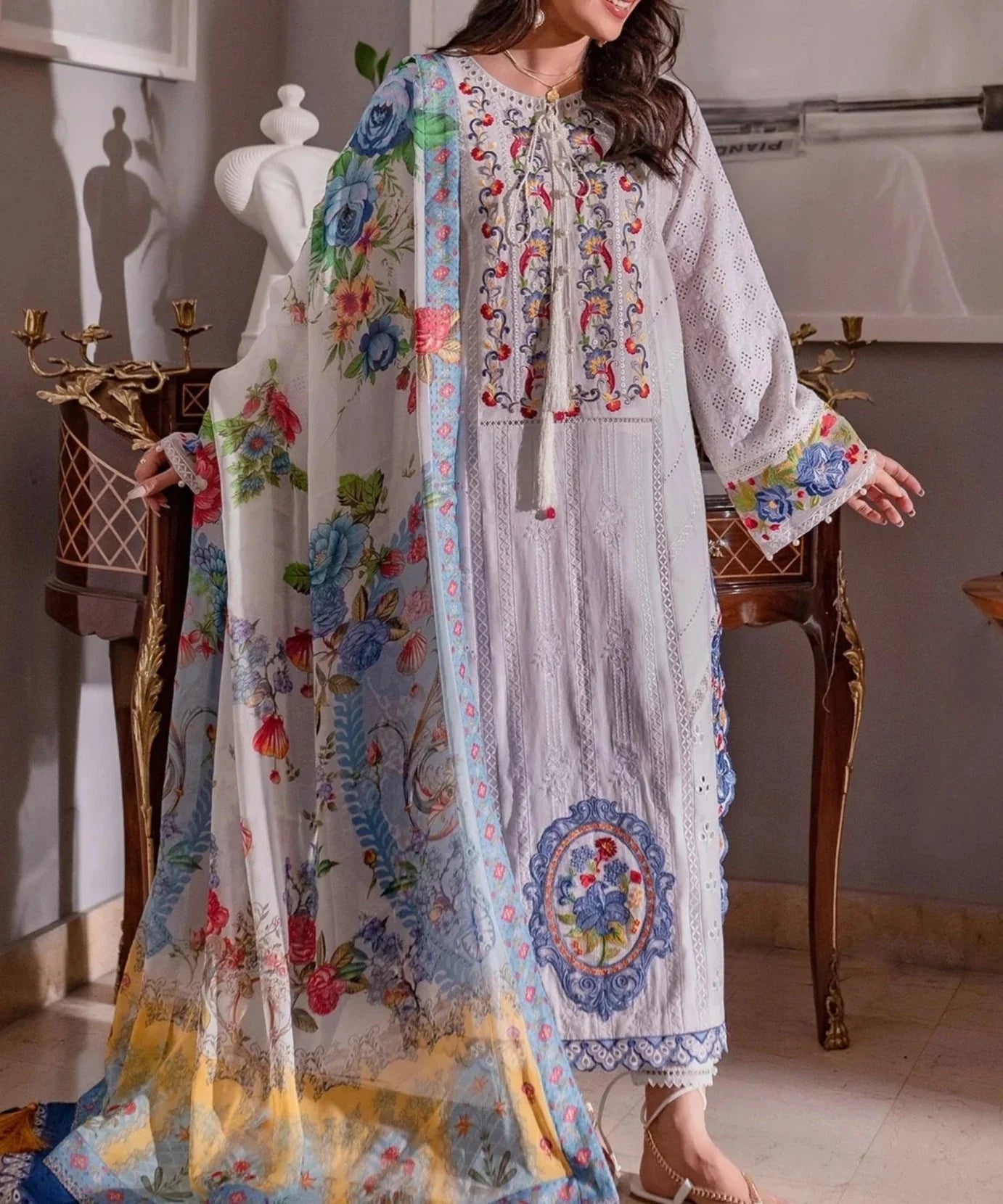 SMT S596-Embroidered 3PC Chikankari Lawn suit with Printed Silk dupatta.