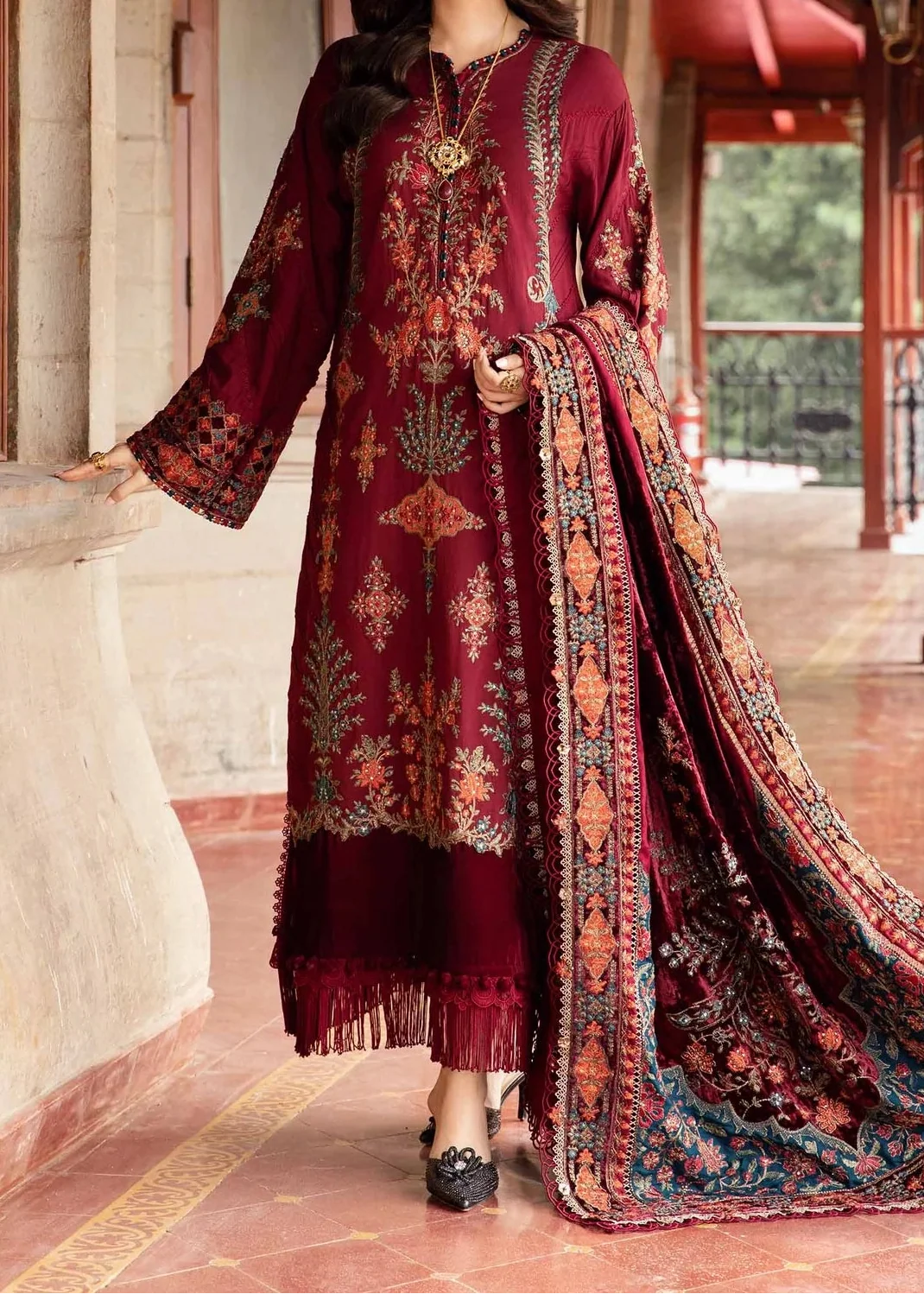 SMT W799-Embroidered 3pc Marina Dress With Printed Shawl.